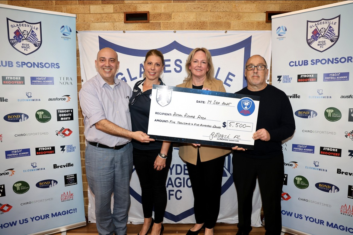 Royal Rehab Executive Director Hospitals, Gladesville Ryde Magic FC, Royal Rehab COO and Gladesville Ryde Magic FC member holding novelty cheque